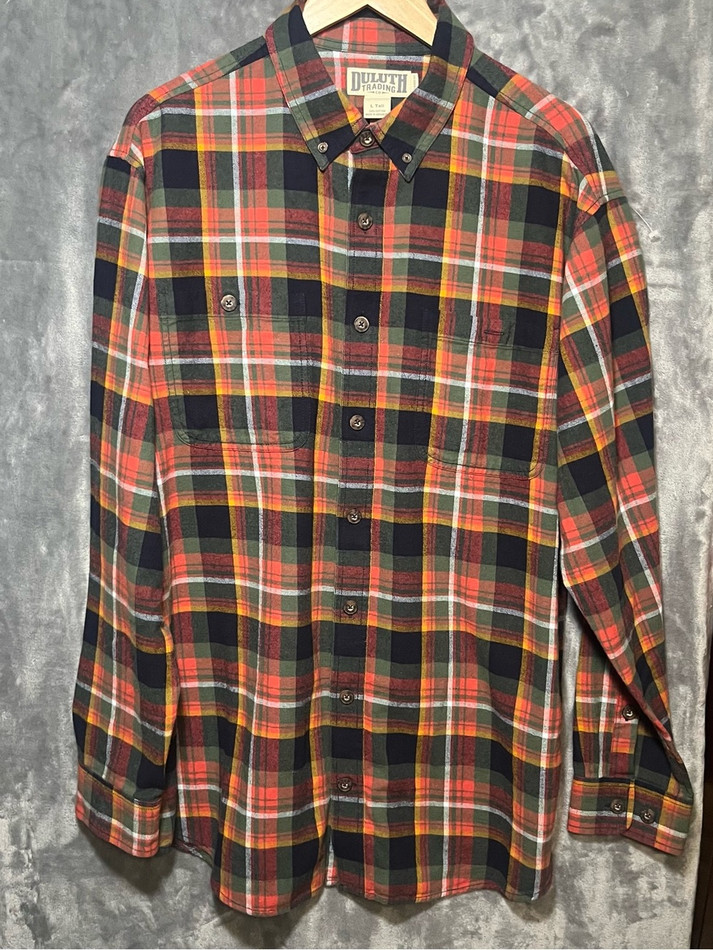 Duluth Trading Co Orange, Black & Green Plaid Button-Down Shirt